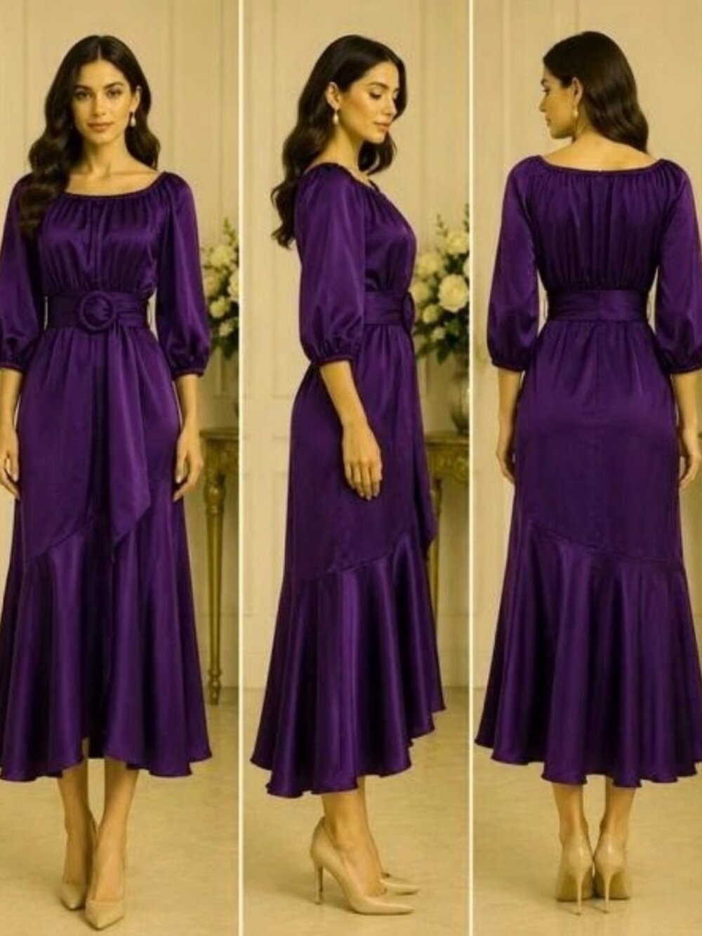 Sachin & Babi Purple Satin Crepe Belted Midi Dress